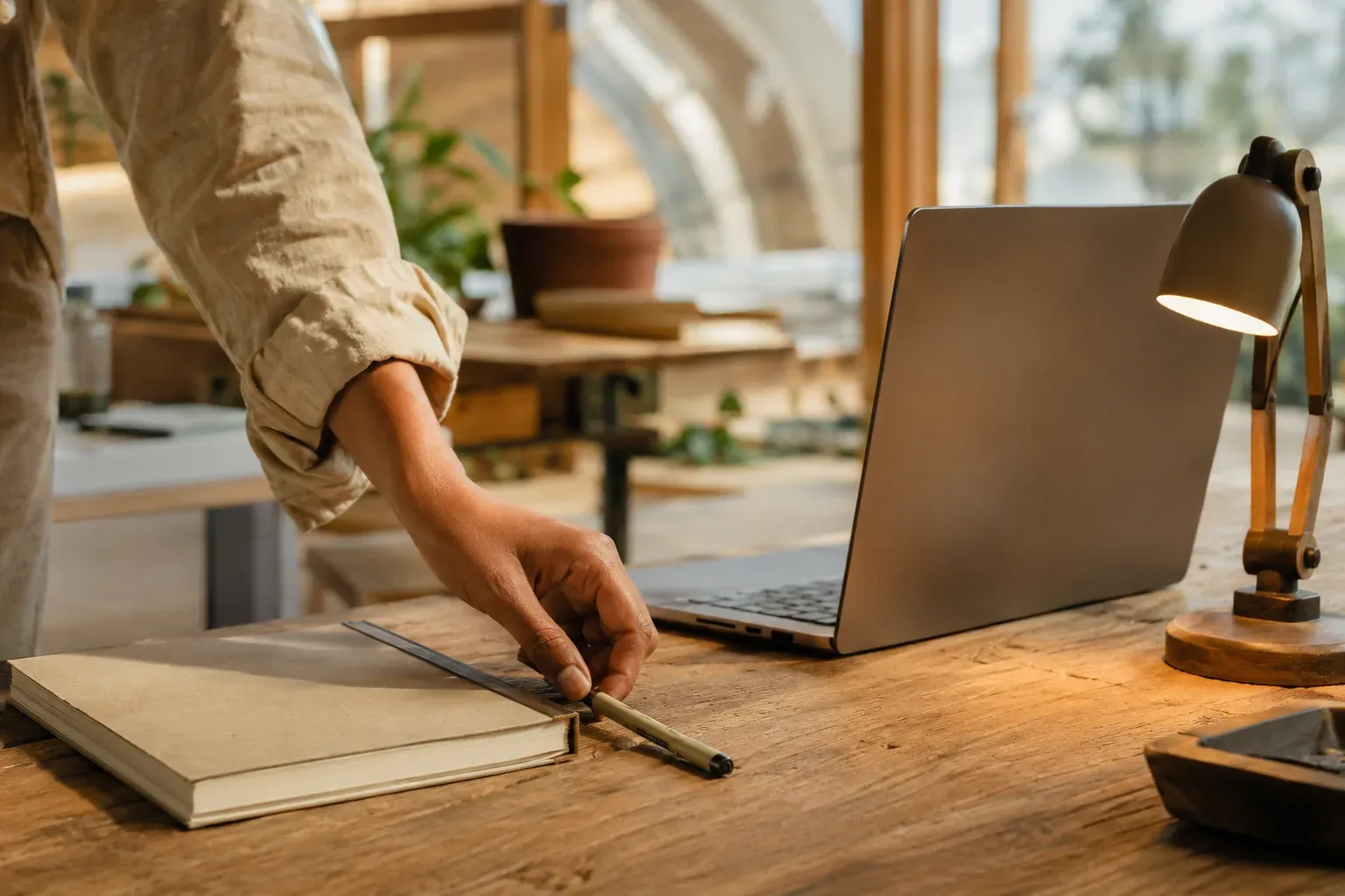 A hand sets a drawing pen beside a closed sketchbook next to an open laptop with its screen turned away.