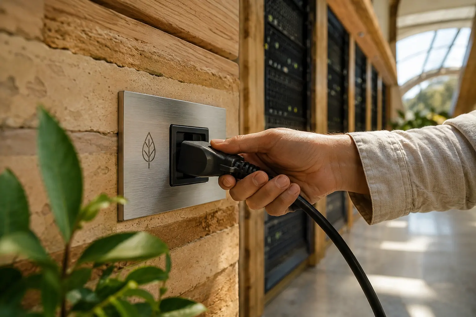 A hand connecting a power cable to a wall panel marked with a small leaf, server units softly out of focus behind.